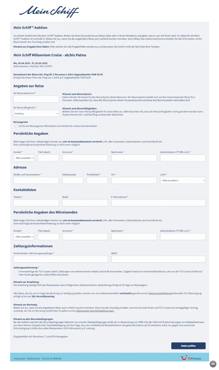 Das Formular zur Erfassung aller wichtigen Daten für die Auktion.