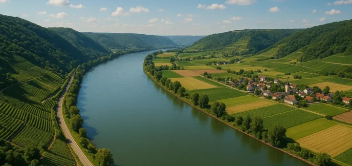 Schräge Luftaufnahme der Donau mit Weinbergen, kleinen Dörfern und Feldern bei warmem Abendlicht.