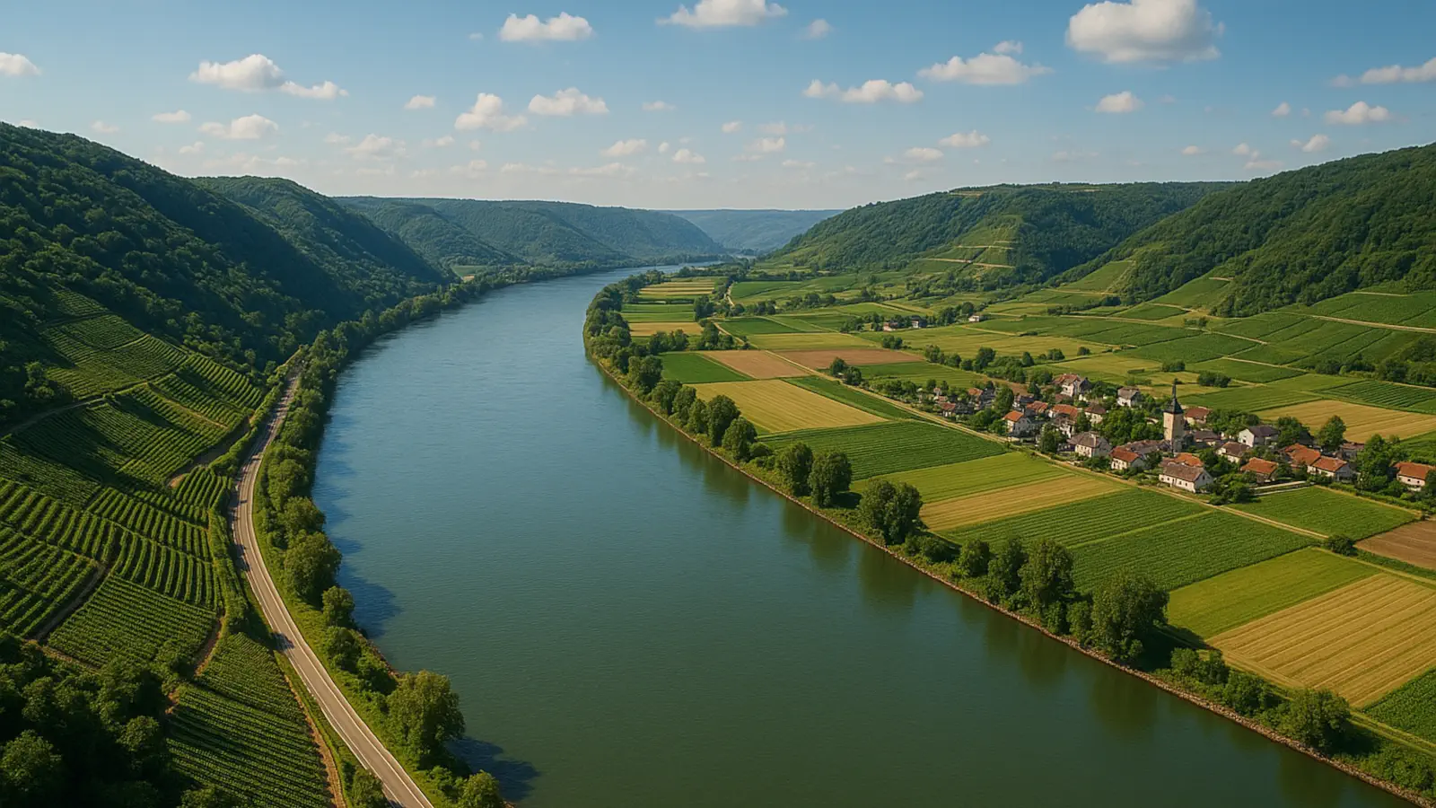 Schräge Luftaufnahme der Donau mit Weinbergen, kleinen Dörfern und Feldern bei warmem Abendlicht.