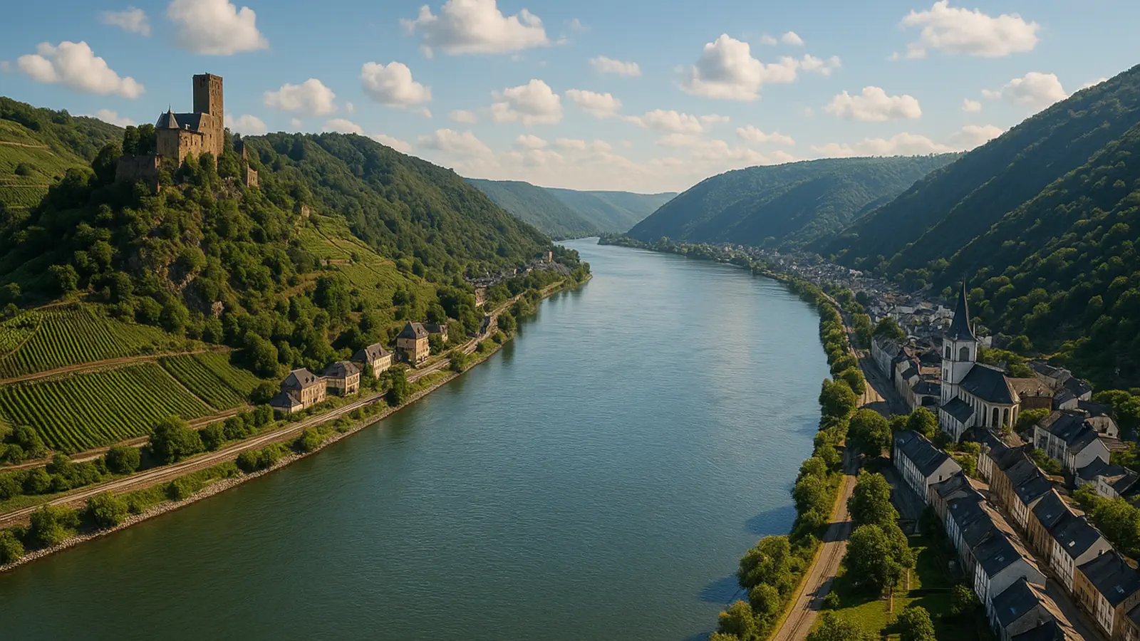 Luftaufnahme des Mittelrheintals mit Weinbergen, mittelalterlicher Burg und historischen Dörfern bei sonnigem Wetter.