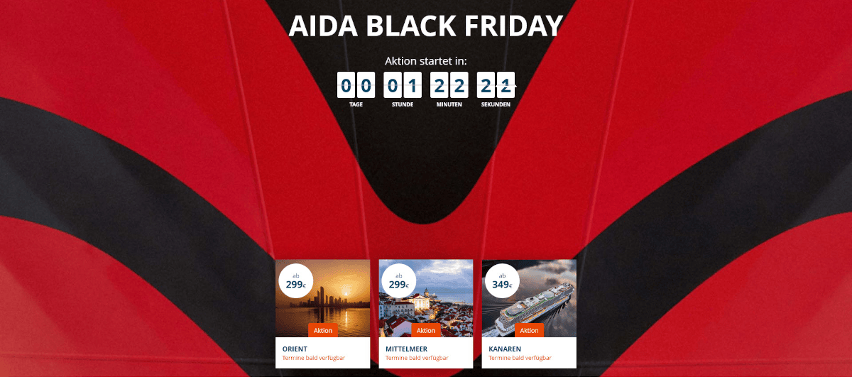 Zum AIDA Black Friday 2022 gab es Kreuzfahrten bereits ab 299€.
